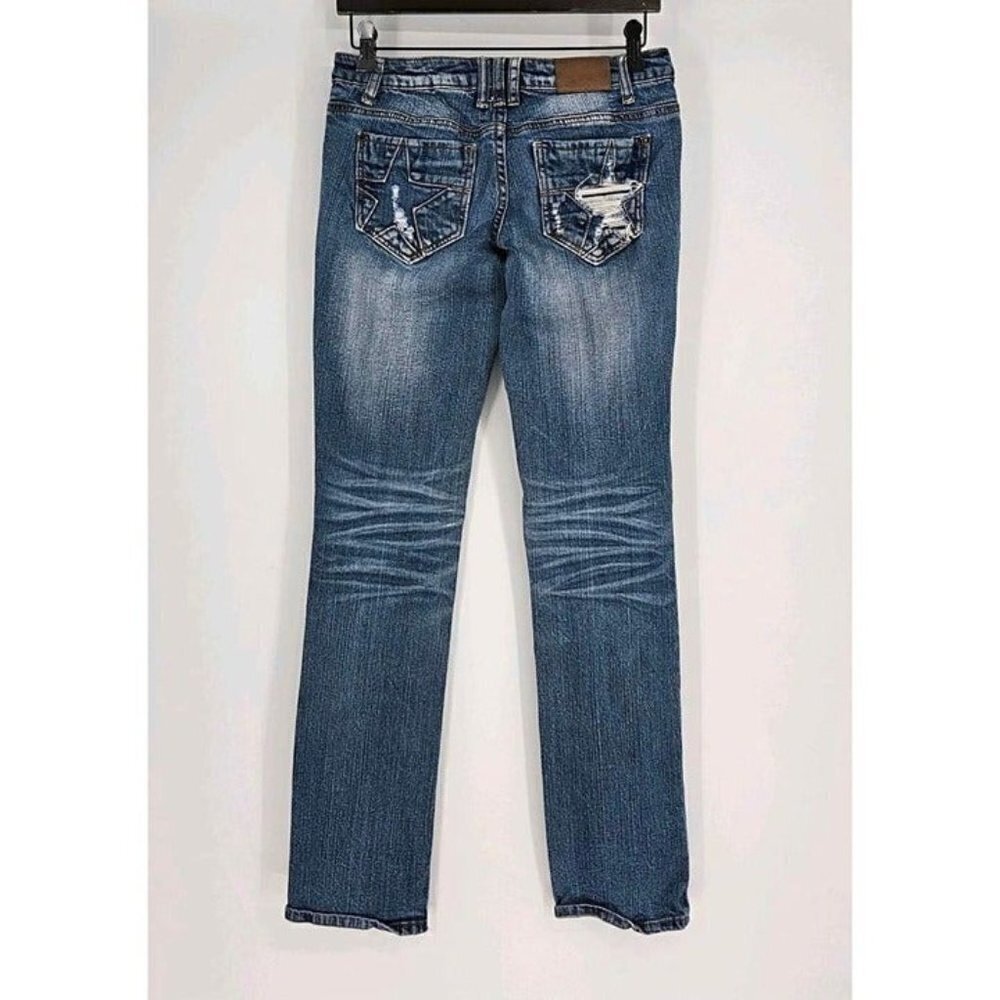 Zoo Jeans Premium Straight Leg Med Wash Distressed Star Back Pocket Size 7